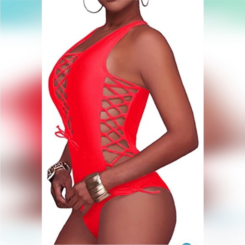 Red Lace-Up One-Piece Swimsuit